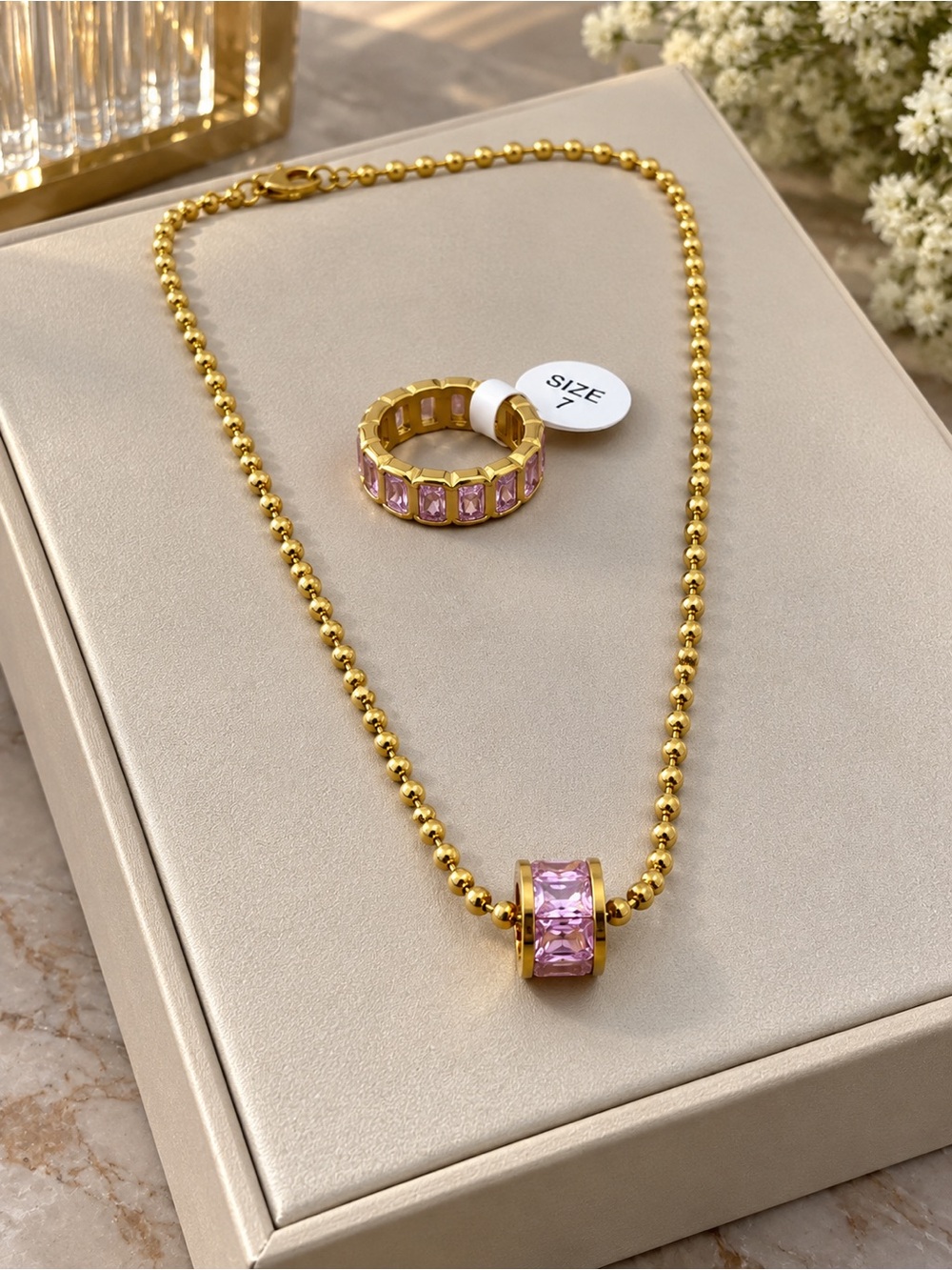 Gold-Plated Necklace and Ring Set with Pink Gem Accents
